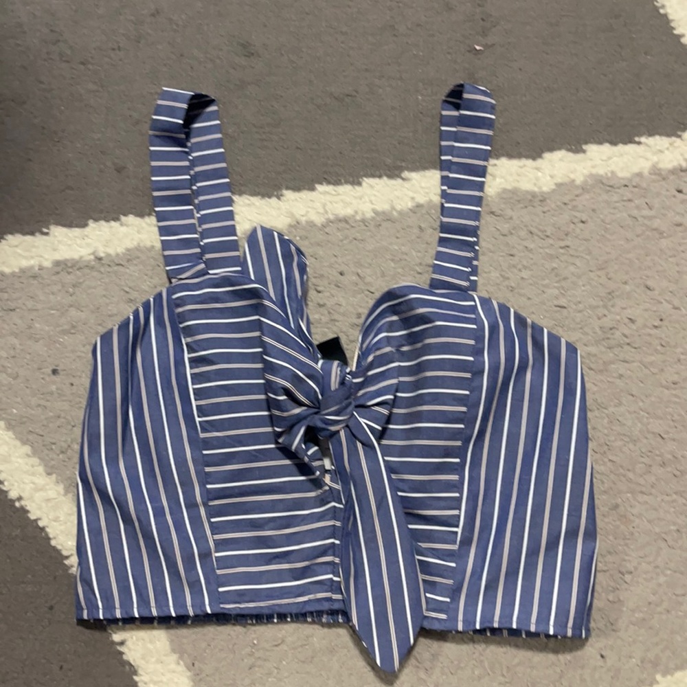 stripped blue and white Windsor tie front crop top